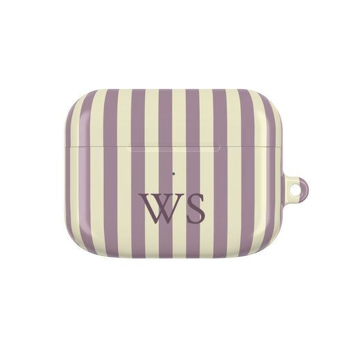 Mauve Stripe monogram AirPods case — mauve and cream stripes with plum serif initials