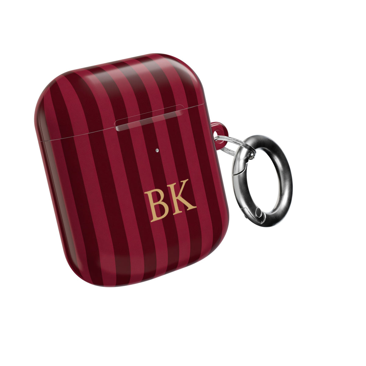 Burgundy Stripe monogram AirPods case with carabiner — gift for her or him