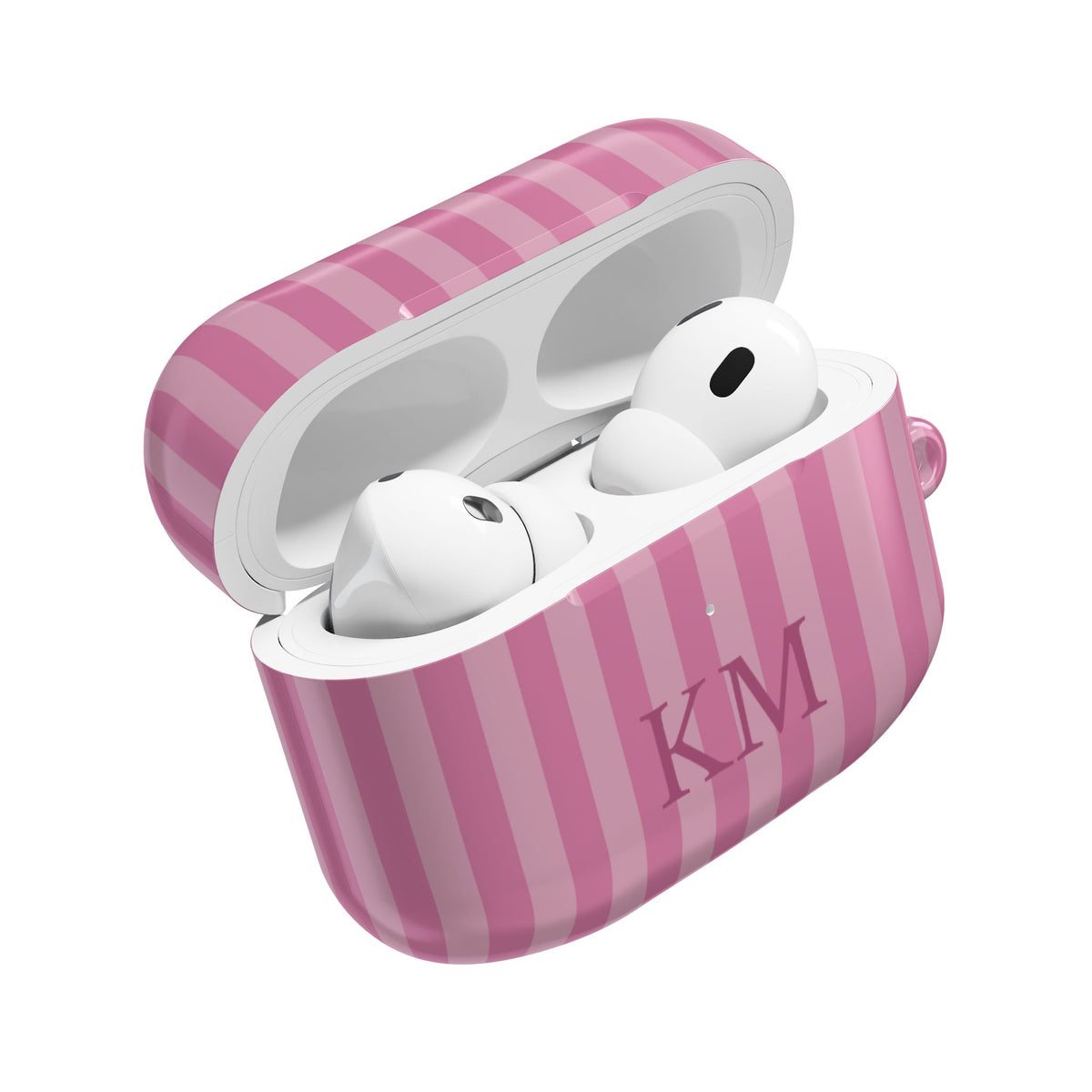 Pink Stripe monogram AirPods case open with AirPods inside — glossy polycarbonate