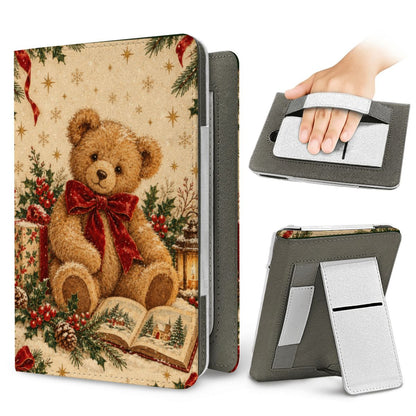 Vintage Teddy Bear Kindle case — elastic hand strap and fold-out stand on the back