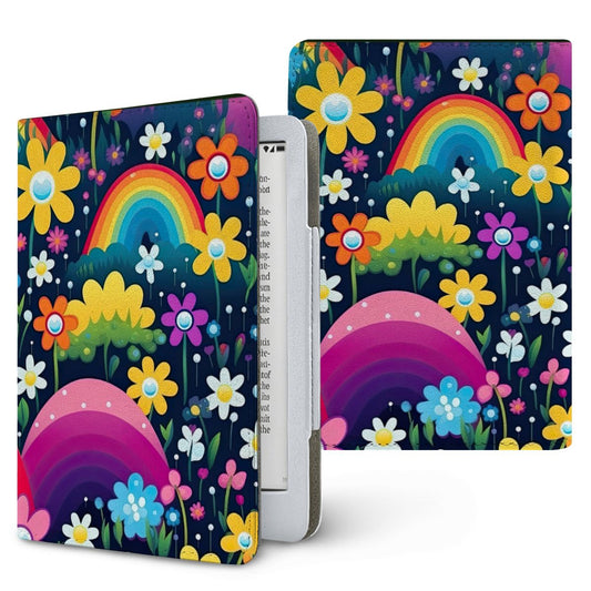 Midnight Rainbow Garden Kindle case — dark rainbow, printed front and back
