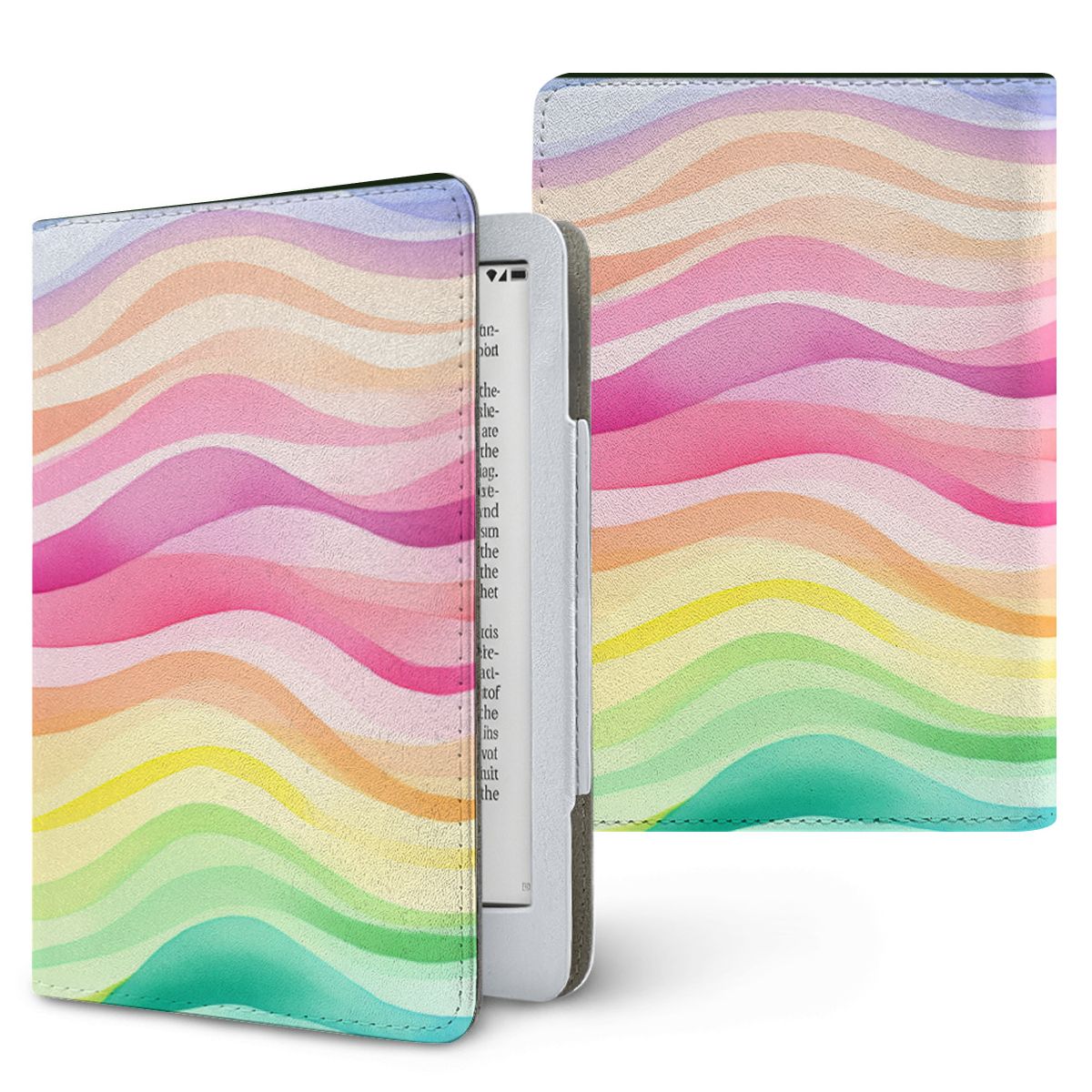 Rainbow Wave Kindle case — watercolor rainbow, printed front and back