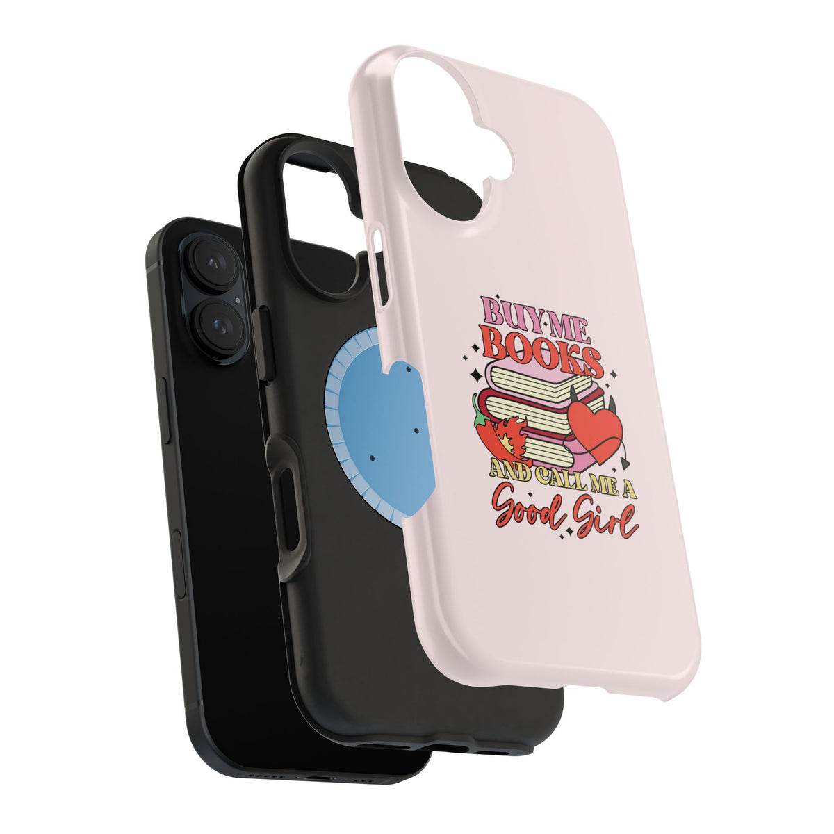 Hearts and book stack stickers printed edge to edge on a MagSafe case