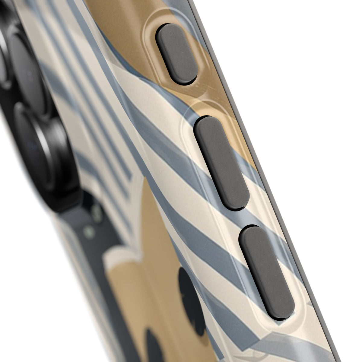 Striped bedding detail on a cream and blue phone case