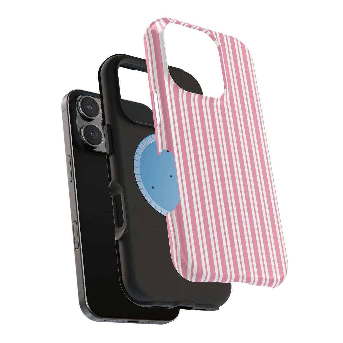Pink striped MagSafe case on a neutral background