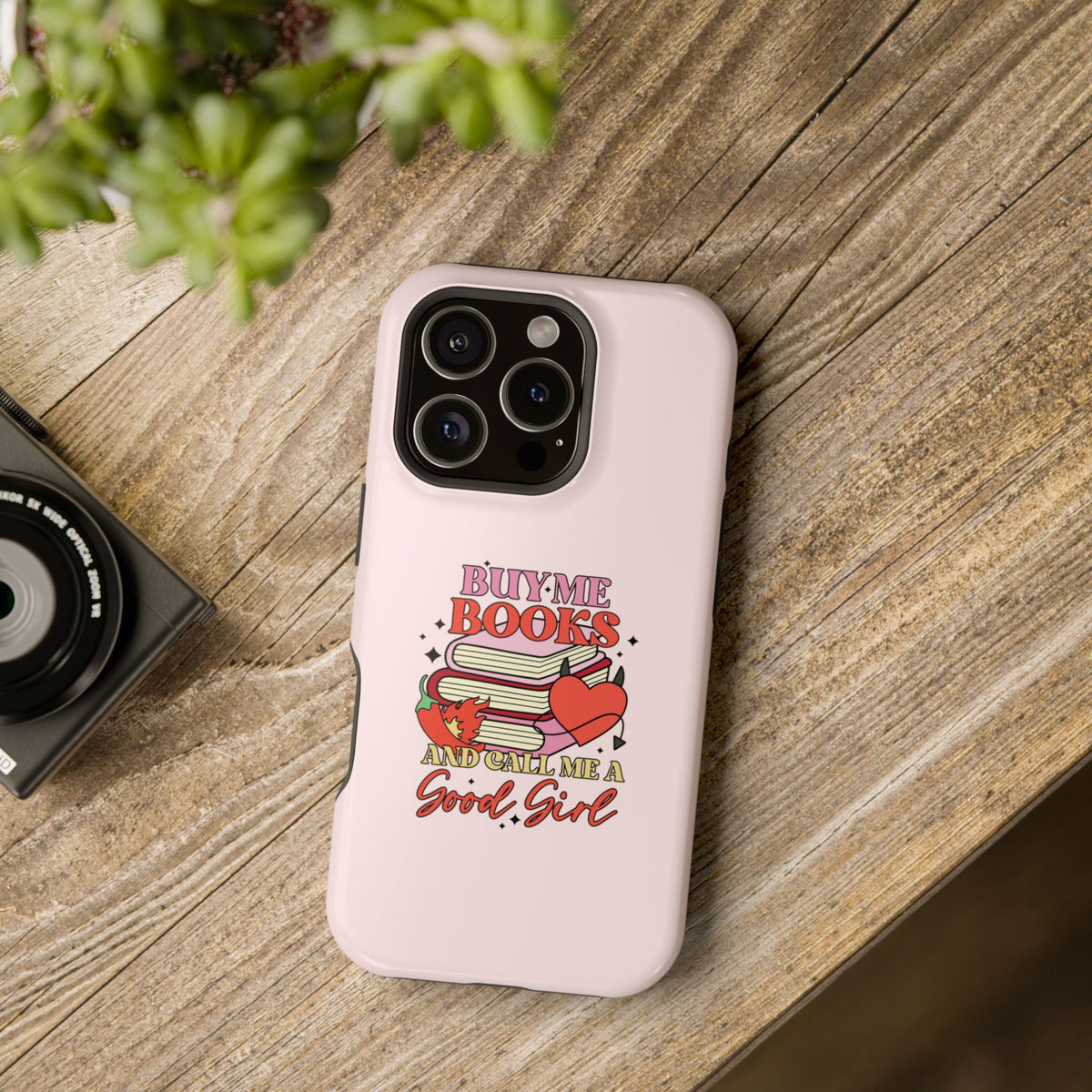 Book Stack Sticker phone case with buttons and ports open