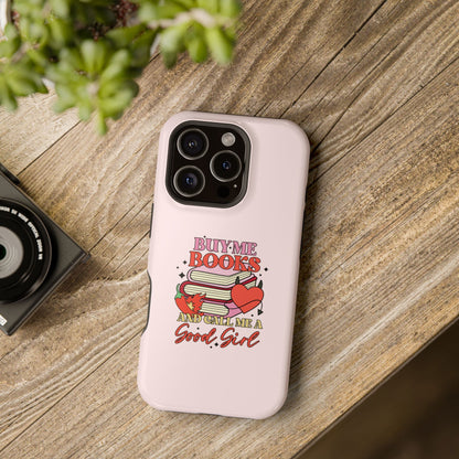 Book Stack Sticker phone case with buttons and ports open