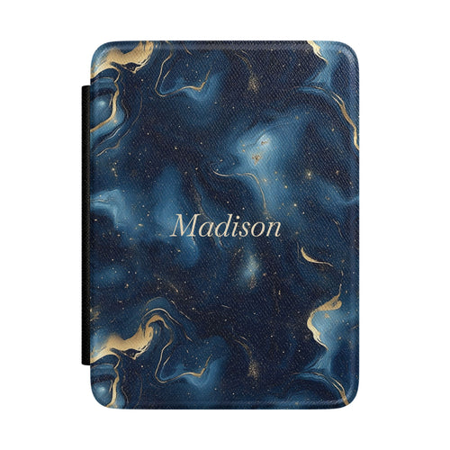 Personalized navy and gold marble Kindle case with debossed name — Maison Noir luxe custom gift for her