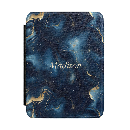 Personalized navy and gold marble Kindle case with debossed name — Maison Noir luxe custom gift for her