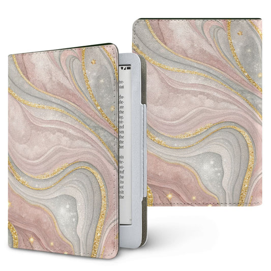 Rose Quartz Marble Kindle case — blush & gold, printed front and back