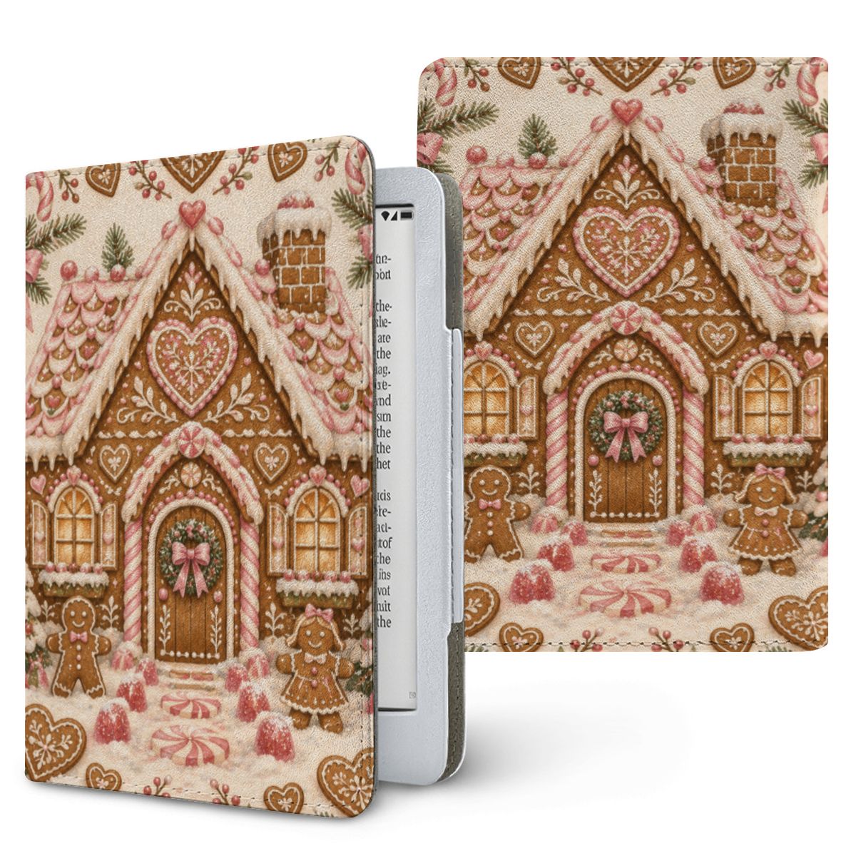 Gingerbread House Kindle case, printed front and back — pink-iced gingerbread house with candy canes and heart cookies on cream