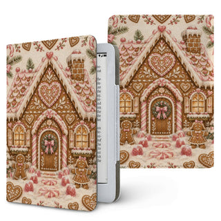 Gingerbread House Kindle case, printed front and back — pink-iced gingerbread house with candy canes and heart cookies on cream