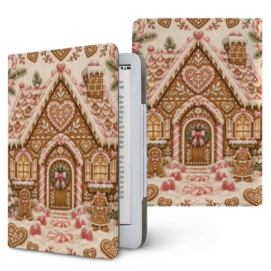 Gingerbread House Kindle case, printed front and back — pink-iced gingerbread house with candy canes and heart cookies on cream
