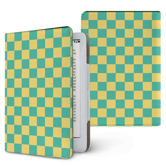 Teal & Yellow Check Kindle case — retro check, printed front and back