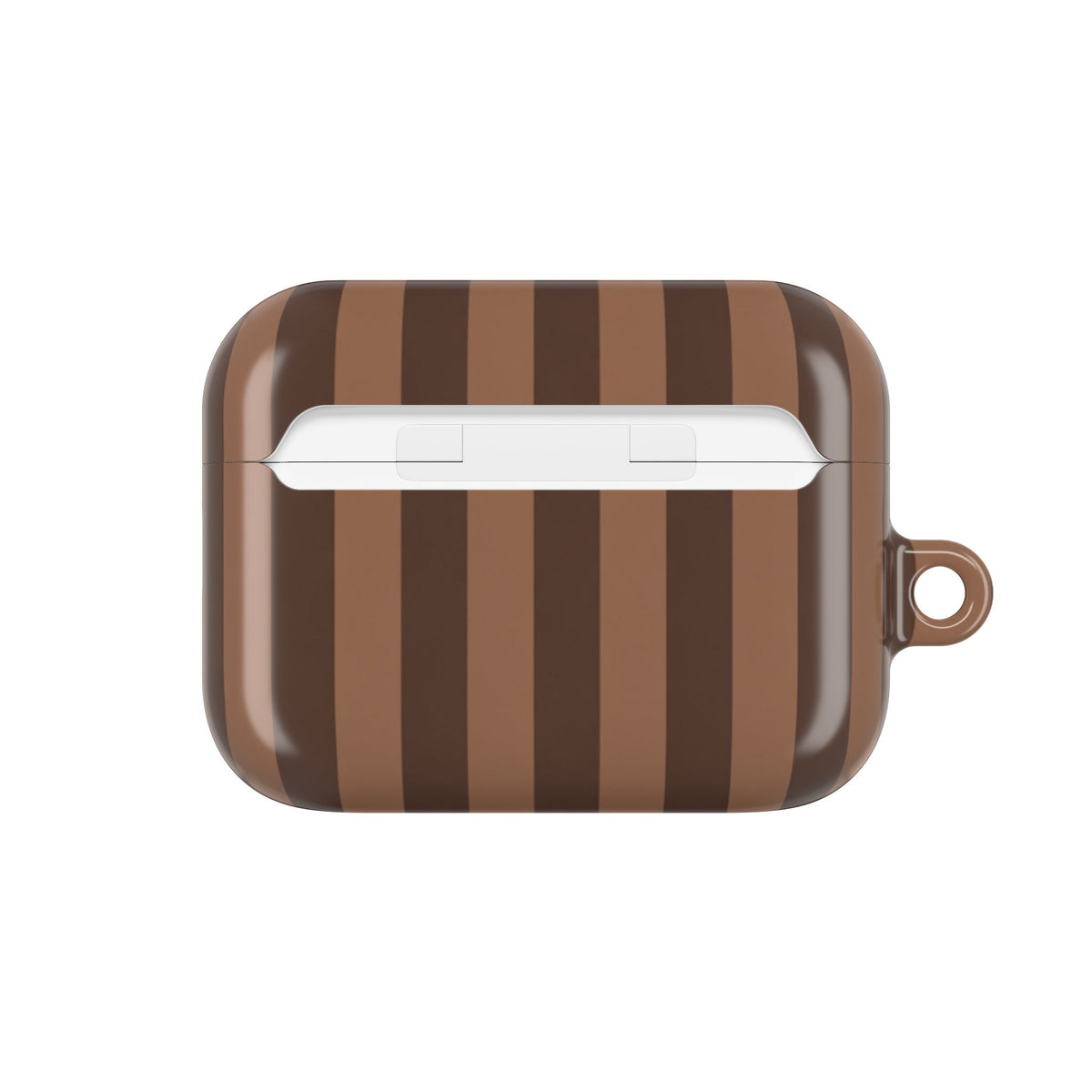 Brown stripe AirPods case back — stripes wrap the lid and side walls