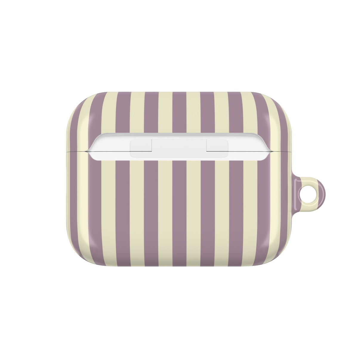 Mauve Stripe AirPods case — back view with full-wrap stripe print