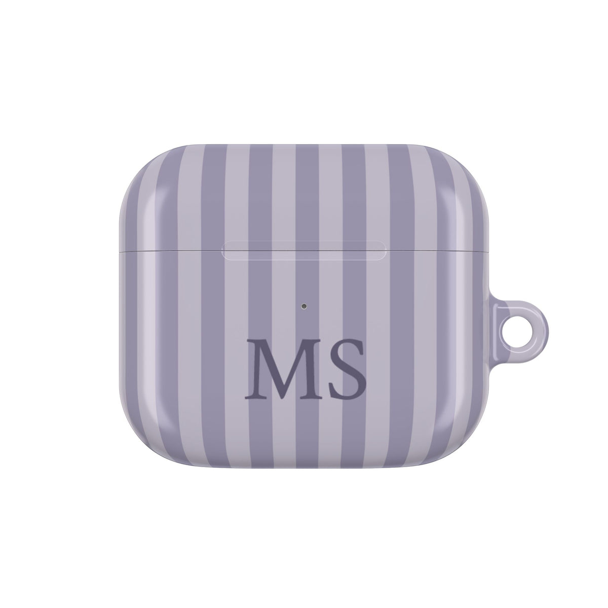 Lilac Stripe monogram AirPods case — compact case shape with initials