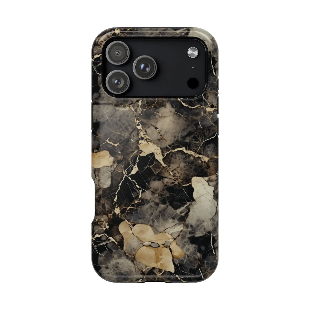Black and gold marble MagSafe iPhone case — charcoal stone print with warm gold veins