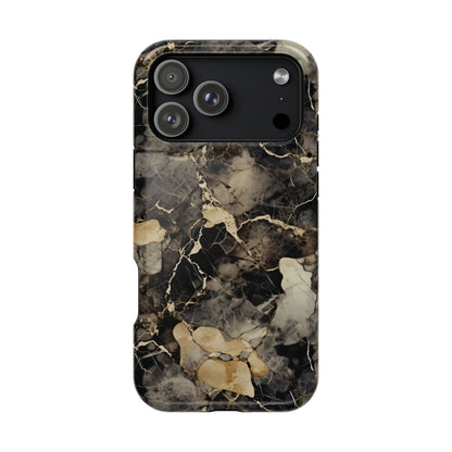 Black and gold marble MagSafe iPhone case — charcoal stone print with warm gold veins