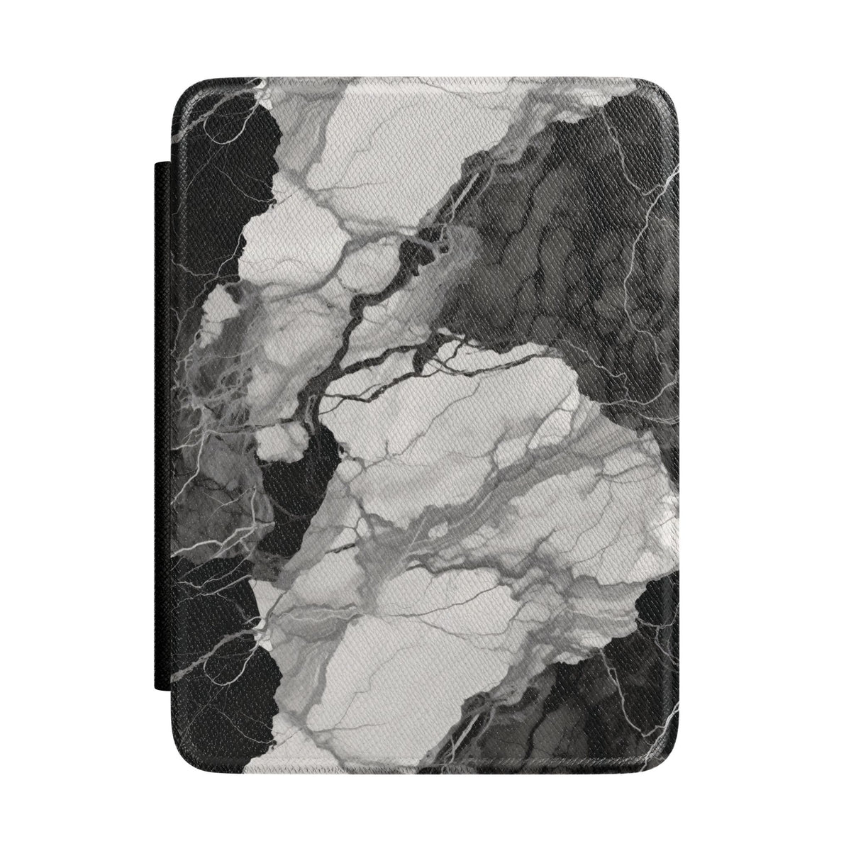 Black and white marble Kindle case — high-contrast veined stone on vegan leather
