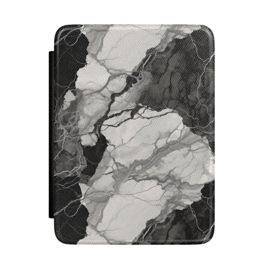 Black and white marble Kindle case — high-contrast veined stone on vegan leather