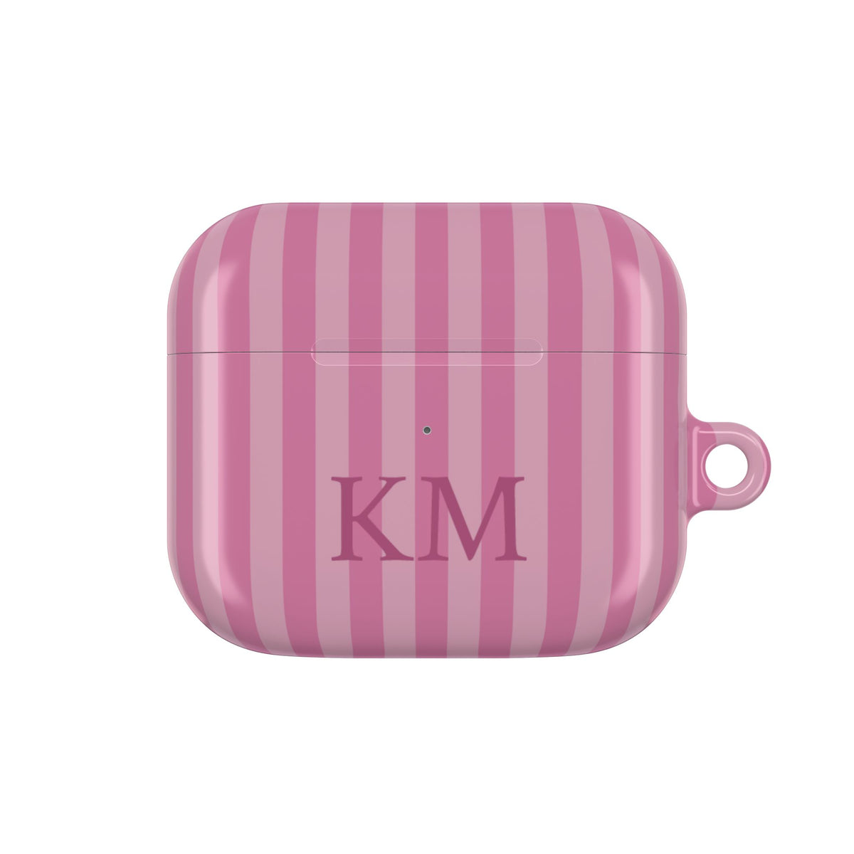 Pink Stripe monogram AirPods case — compact case shape with initials