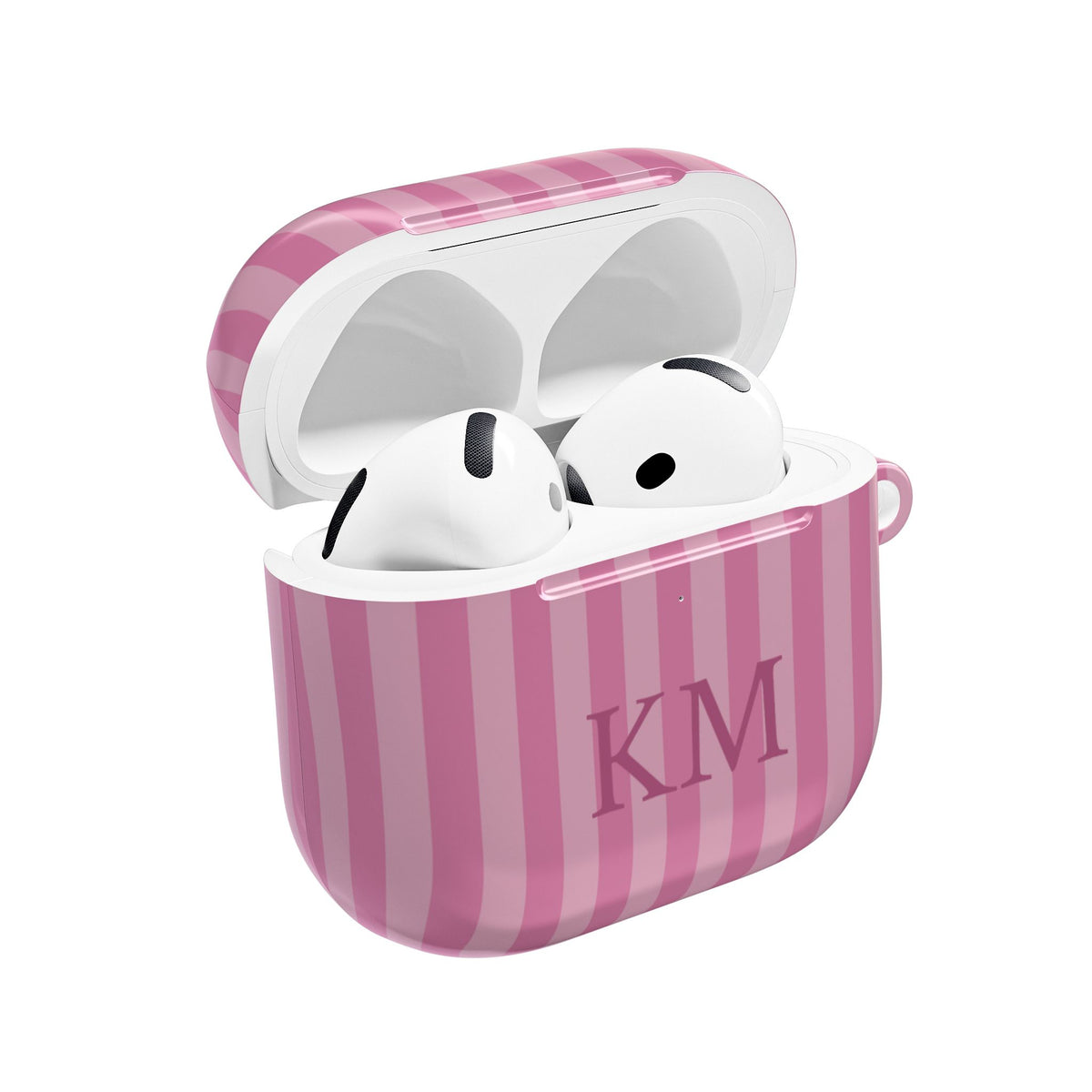 Personalized pink stripe AirPods case open with AirPods inside