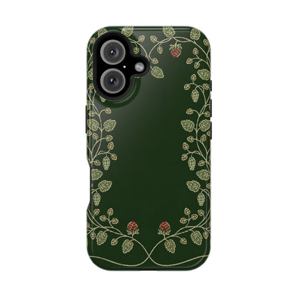 Forest green botanical phone case with a hop vine border