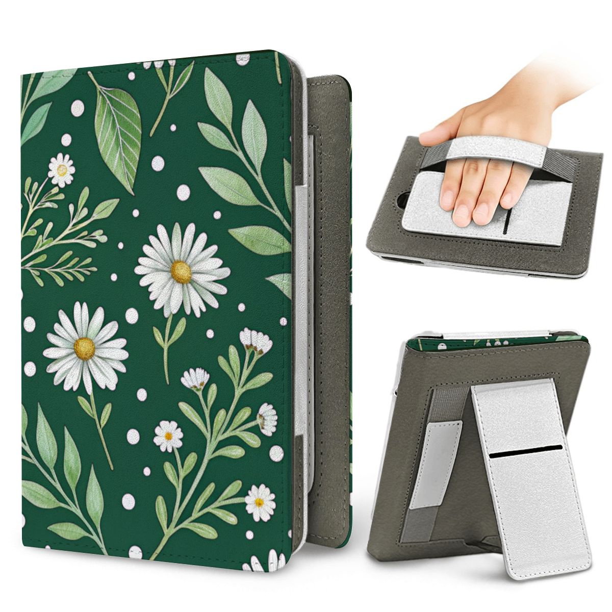 Forest Daisy Kindle case — elastic hand strap and fold-out stand on the back