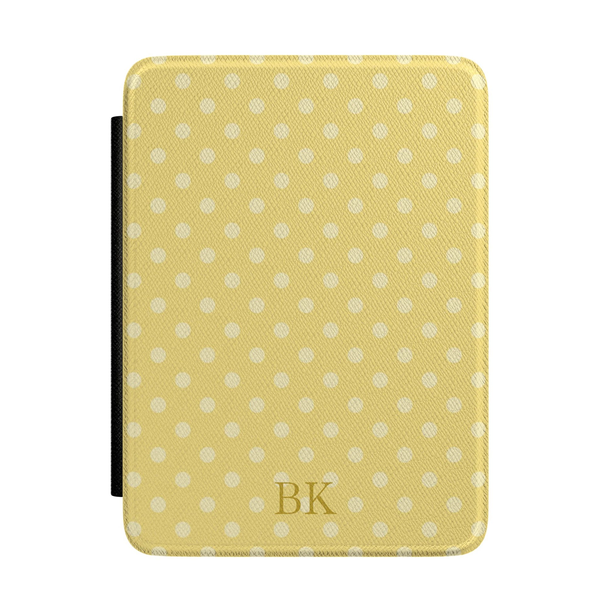 Personalized yellow polka dot Kindle case with debossed initials — Coquette custom gift for her