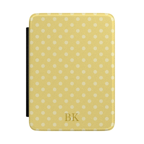 Personalized yellow polka dot Kindle case with debossed initials — Coquette custom gift for her