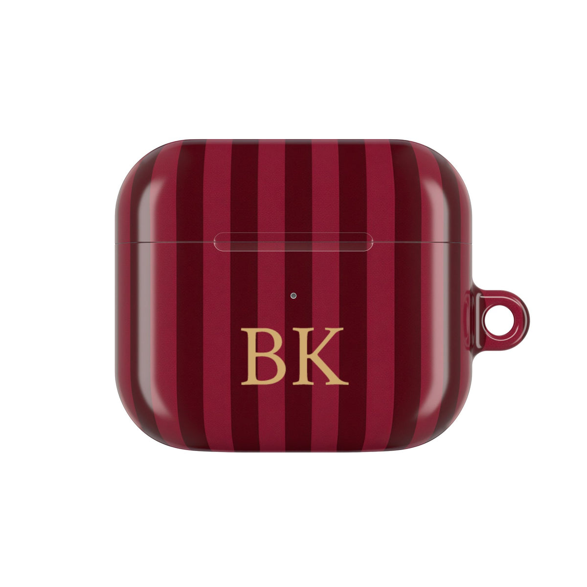 Burgundy Stripe monogram AirPods case — compact case shape with gold initials