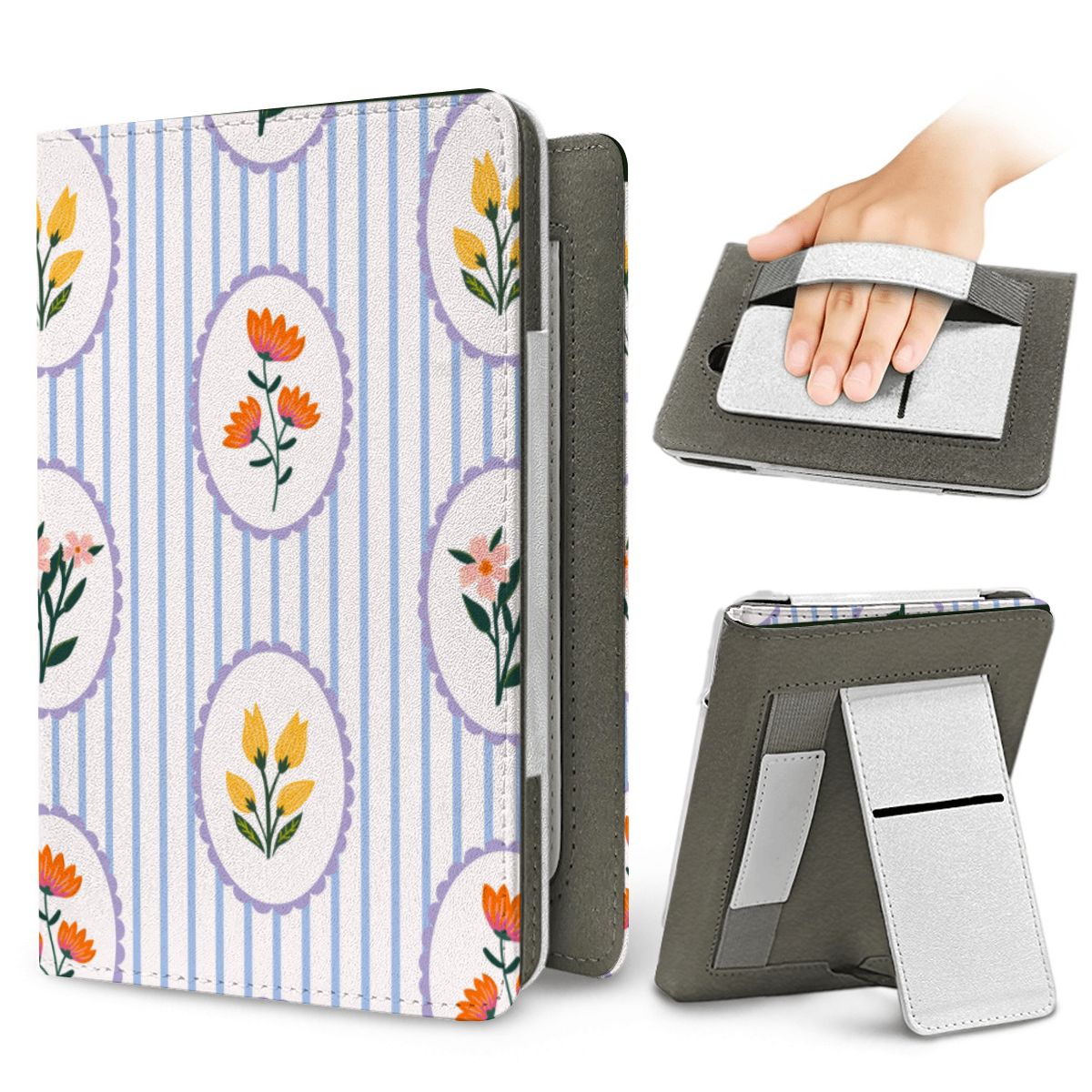 Blue Stripe Floral Kindle case — elastic hand strap and fold-out stand on the back