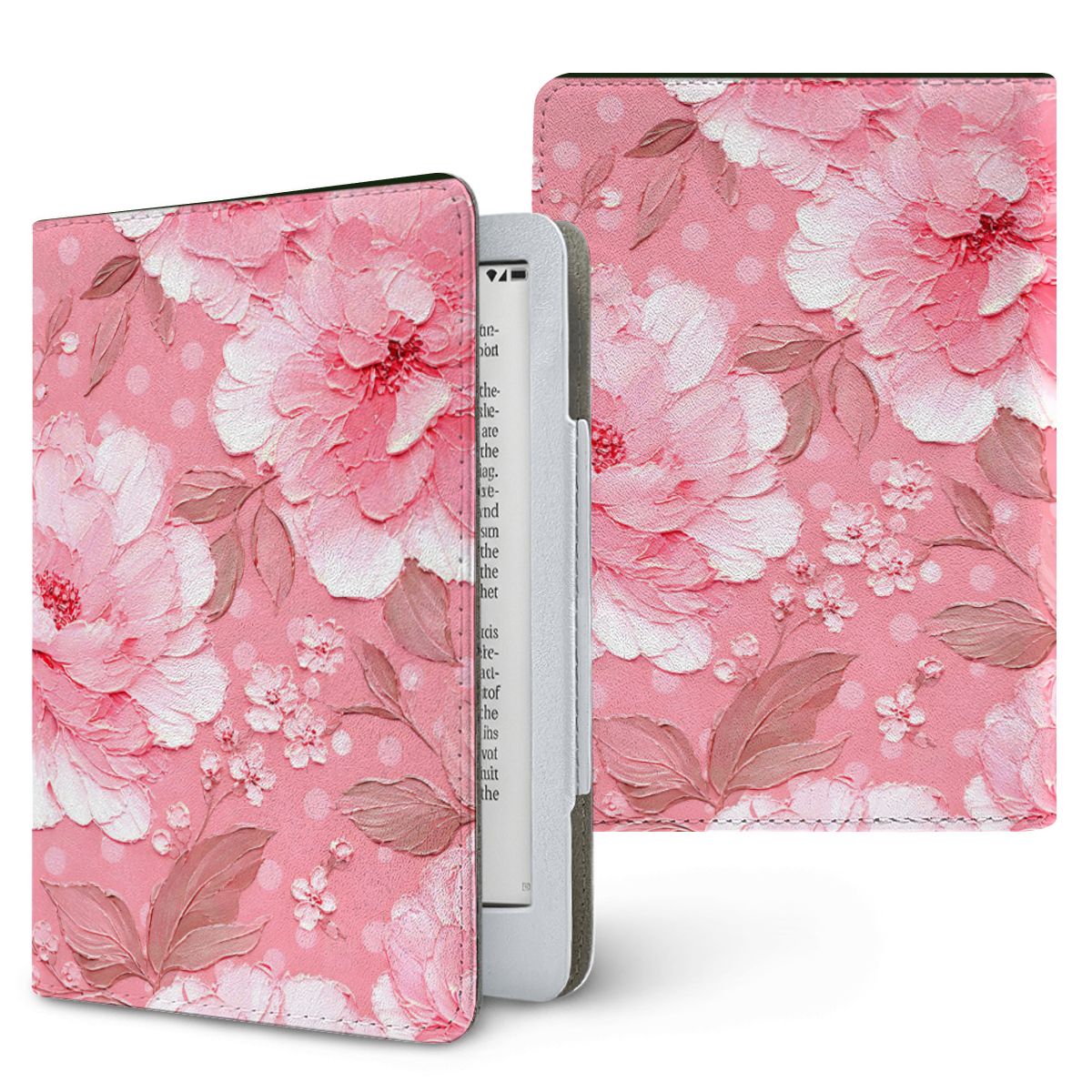 Pink Peony Polka Dot Kindle case — pink floral, printed front and back
