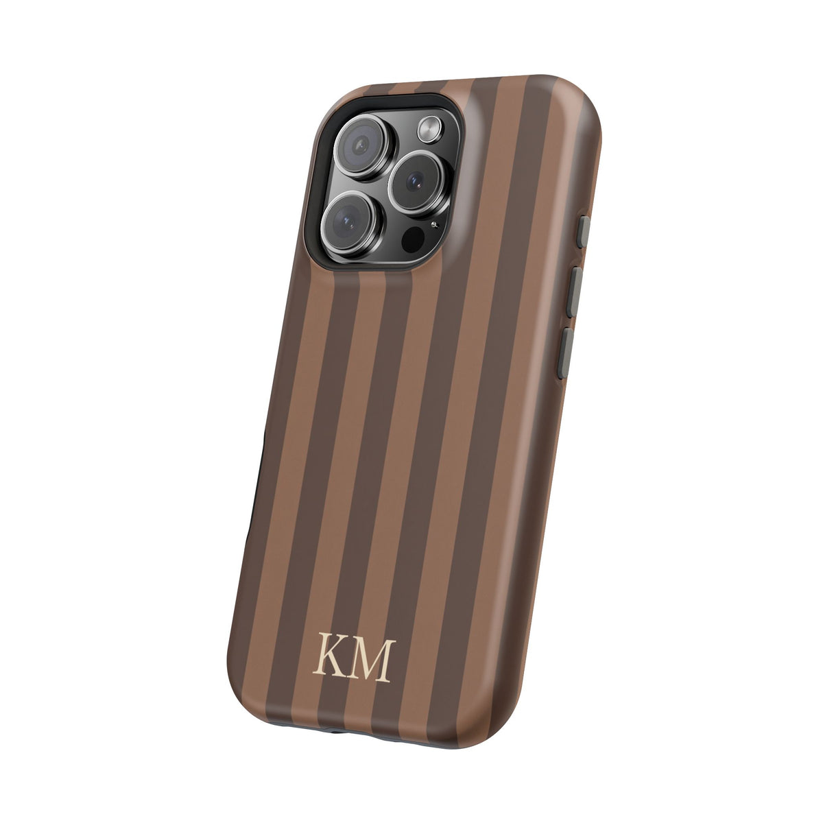 Initial lettering detail on a brown striped MagSafe case