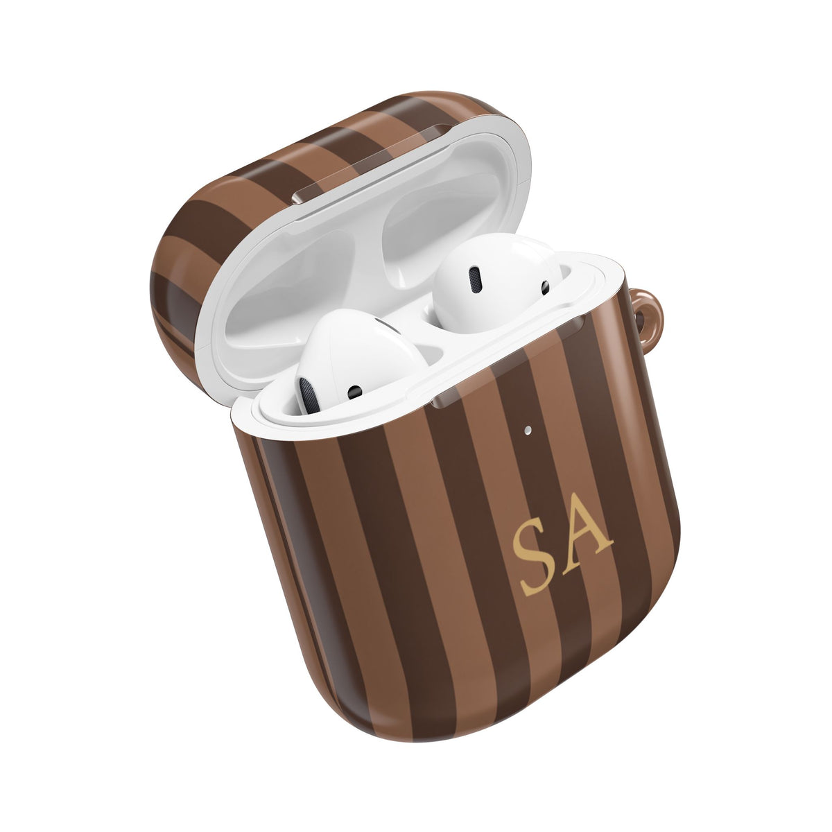 Brown stripe AirPods case open with AirPods inside — custom initials
