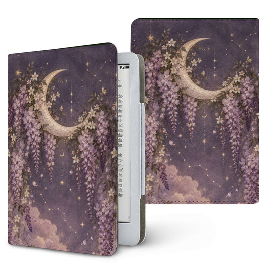 Lavender Moon Garden Kindle case — crescent moon and cascading wisteria on lavender, printed front and back