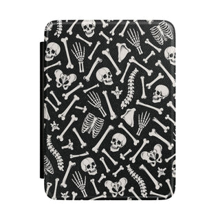 Skeleton bones Kindle case — black vegan leather folio with a gothic anatomy print of skulls and bones