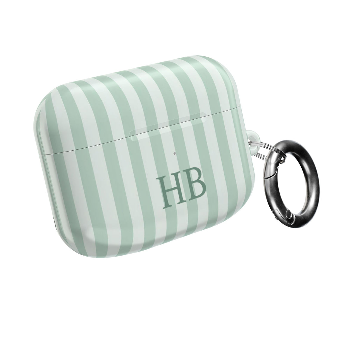 Sage Stripe monogram AirPods case with carabiner clip — personalized gift