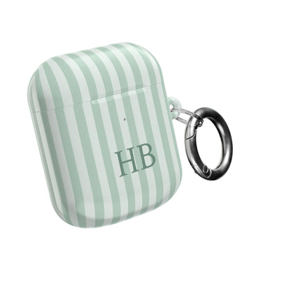 Sage Stripe monogram case for AirPods 1st & 2nd Gen with carabiner