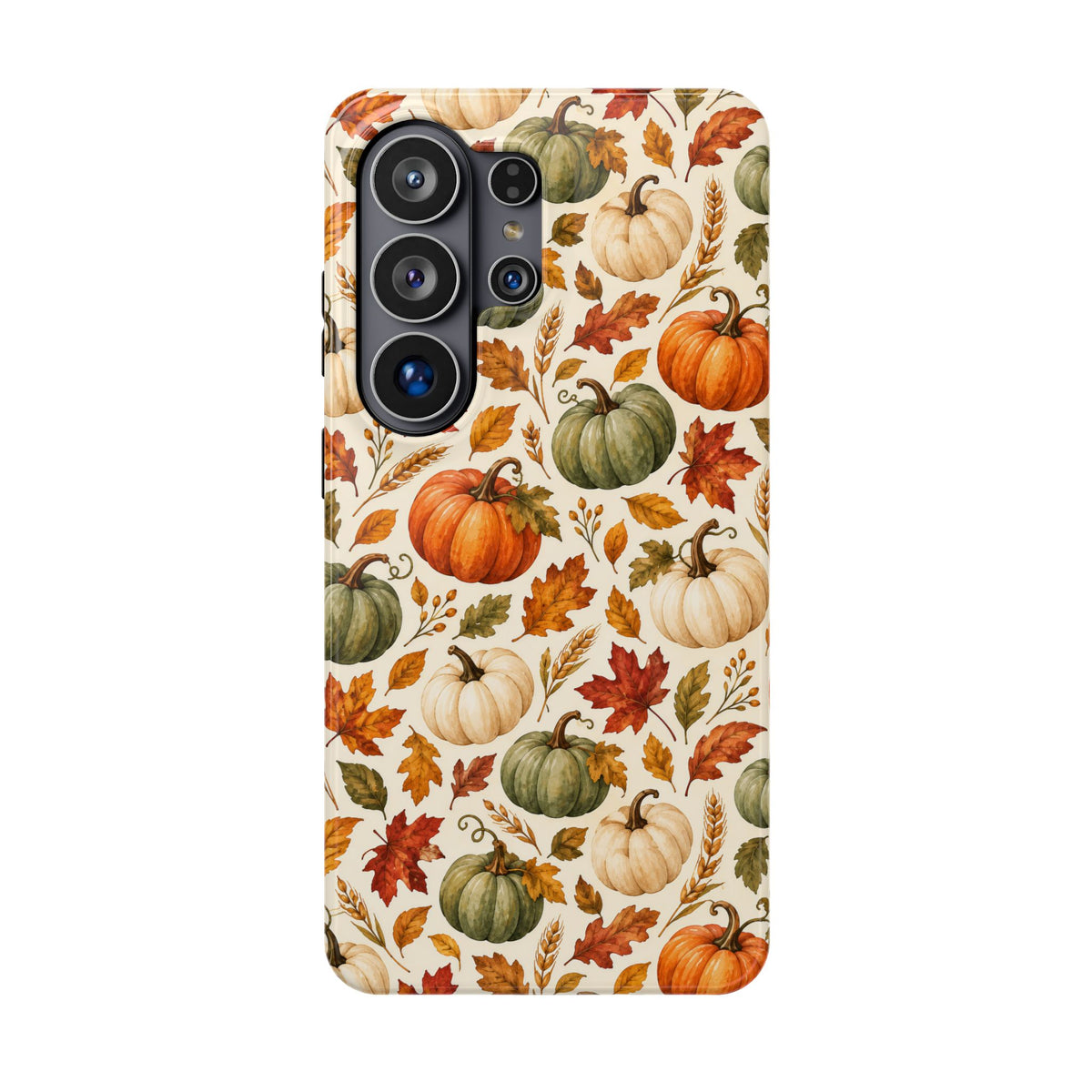 Pumpkin Patch phone case back view, full-wrap autumn print