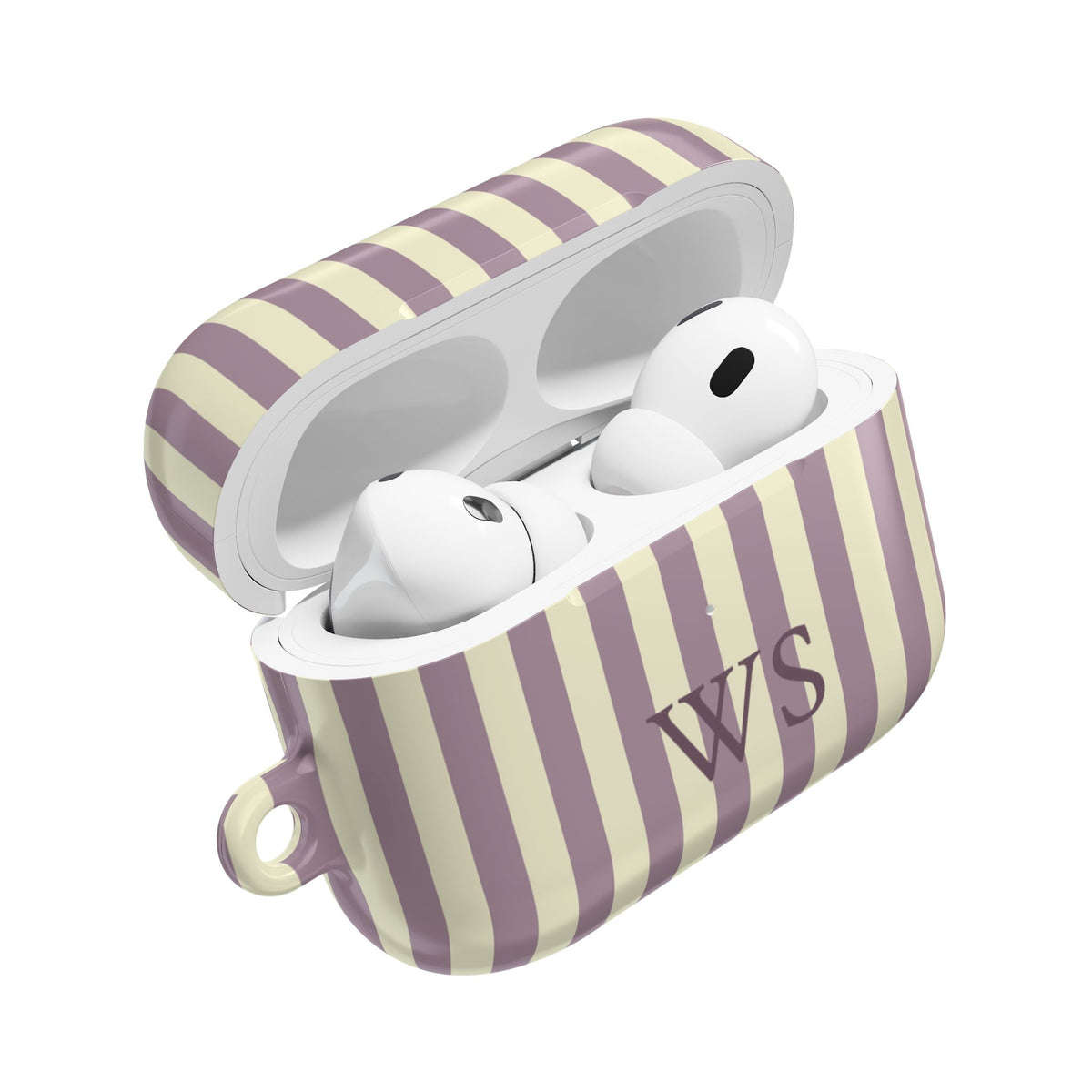 Mauve stripe AirPods Pro case open — initials on the front