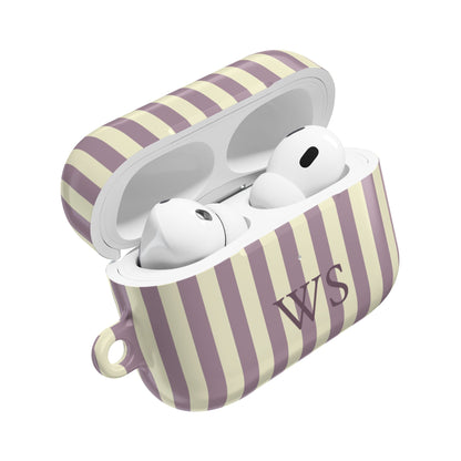 Mauve stripe AirPods Pro case open — initials on the front