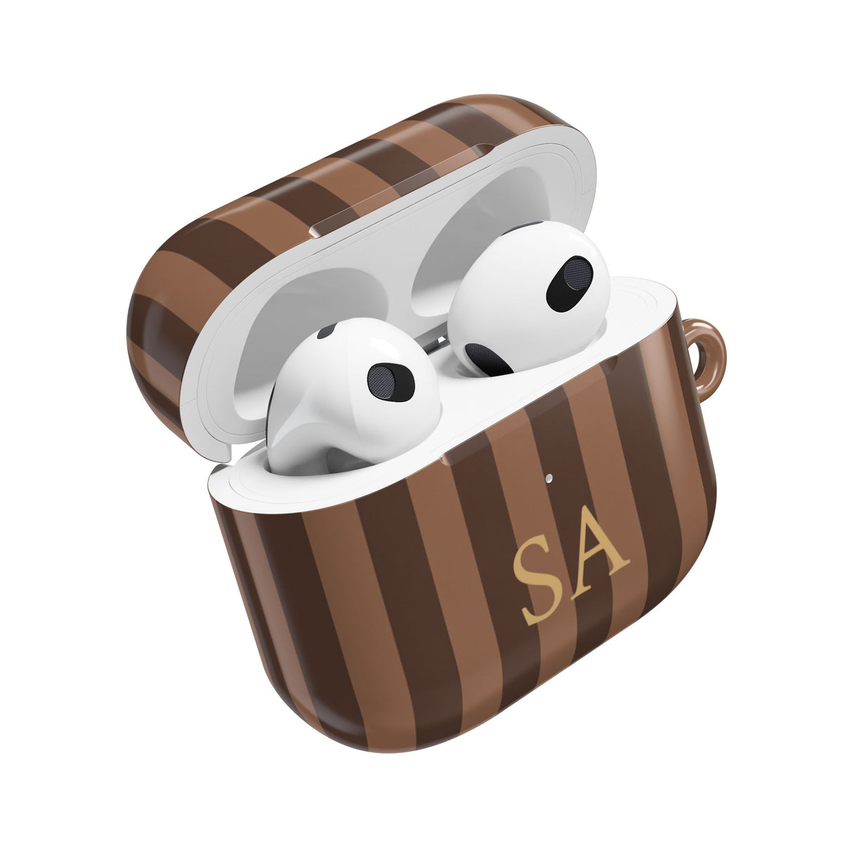 Brown stripe AirPods case open — AirPods inside, gold initials on the front