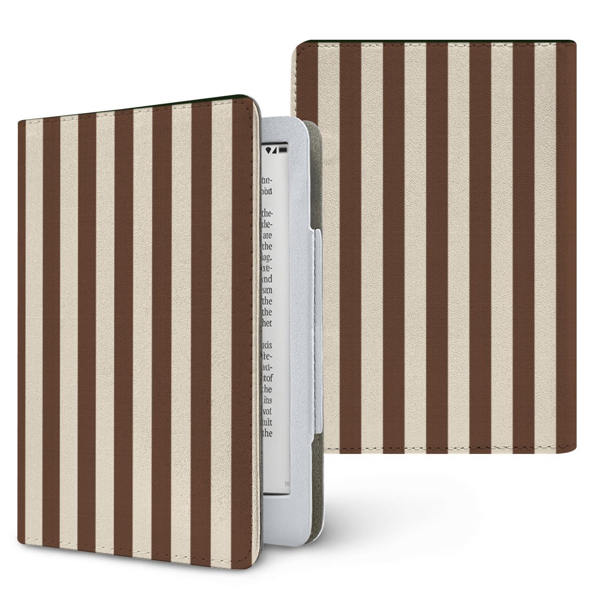 Mocha Cream Stripe Kindle case — mocha brown and cream stripes, printed front and back