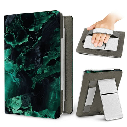 Malachite Marble Kindle case — elastic hand strap and fold-out stand on the back