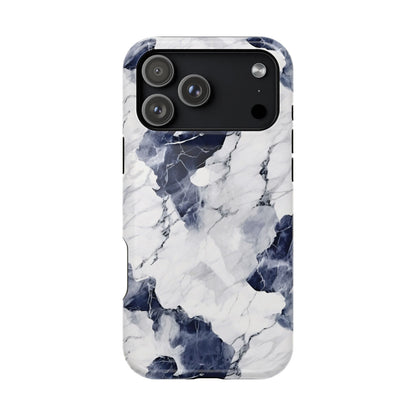Navy marble MagSafe iPhone case — deep navy and white stone print