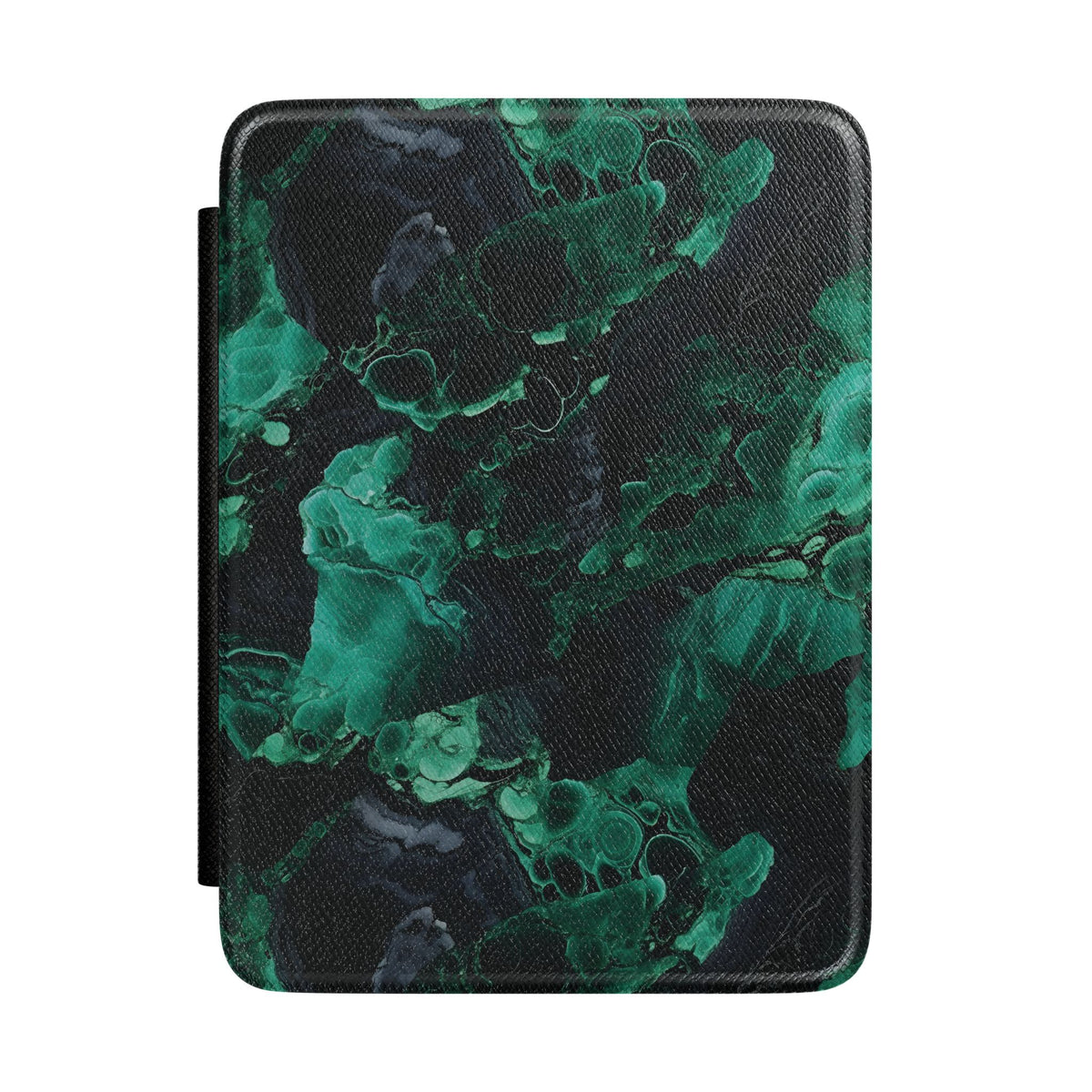 Malachite Kindle case — emerald and jade stone rings on black vegan leather