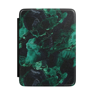Malachite Kindle case — emerald and jade stone rings on black vegan leather
