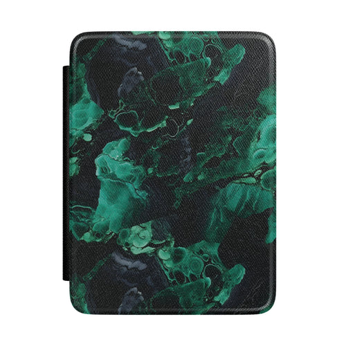 Malachite Kindle case — emerald and jade stone rings on black vegan leather
